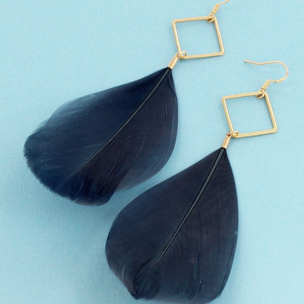 Goldtone Navy Feather Earrings🍁